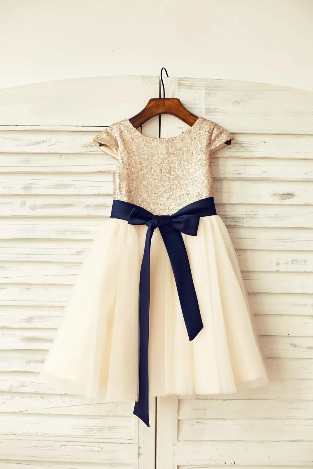 Cap Sleeves Blush/Gold/Champagne/Navy Sequin Ivory Tulle Flower Girl Dress