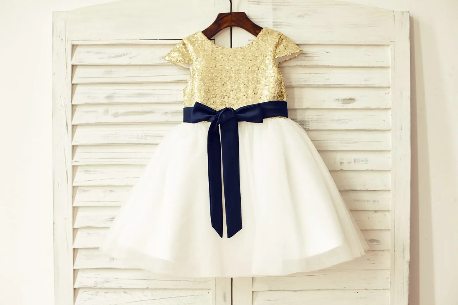 Cap Sleeves Blush/Gold/Champagne/Navy Sequin Ivory Tulle Flower Girl Dress