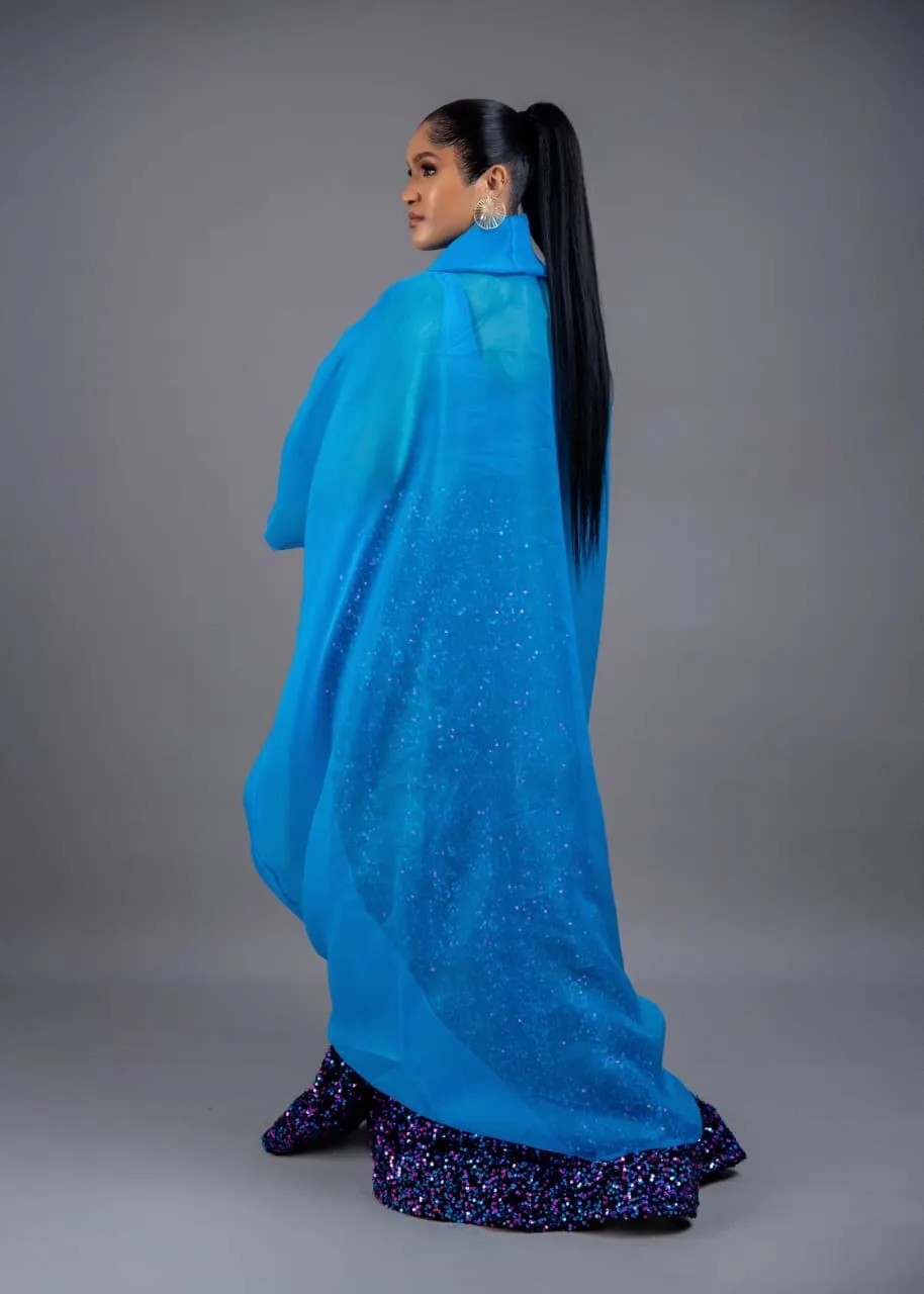 Casablanca blue Twist Top With Maxi Flare Sequin Skirt Set (blue)