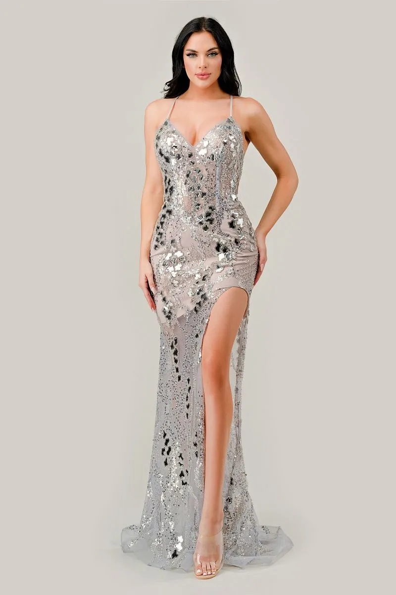 CD CC2292 - Iridescent Sequin Fit & Flare Prom Gown with Sheer Skirt & Leg Slit