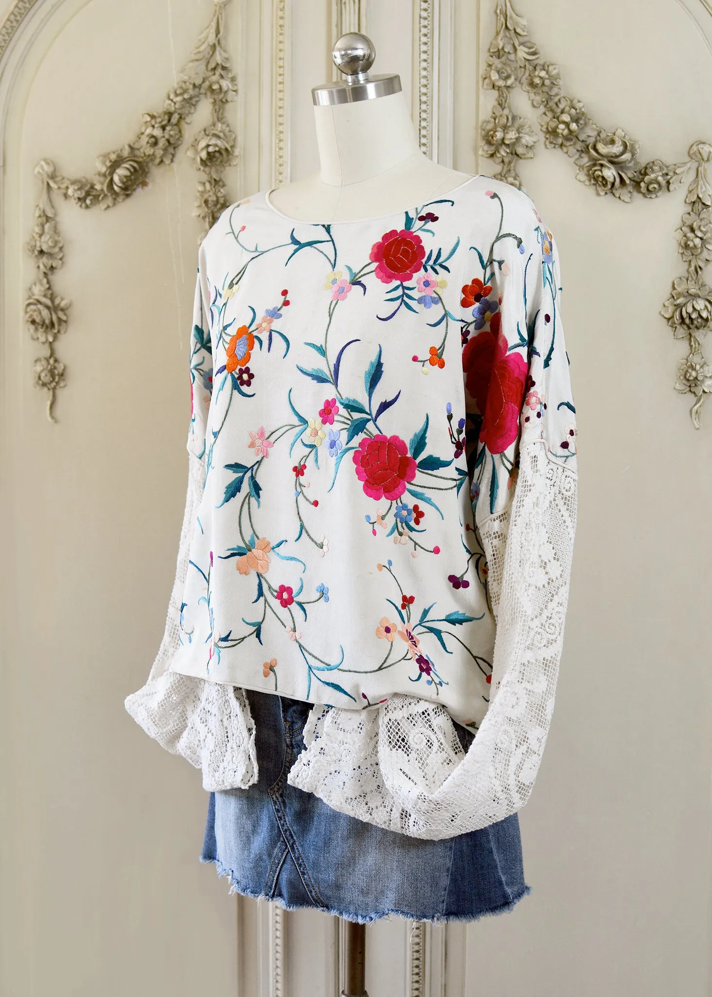 Cerise Antique Hand Embroidered Silk Crepe and Filet Lace Crop Top