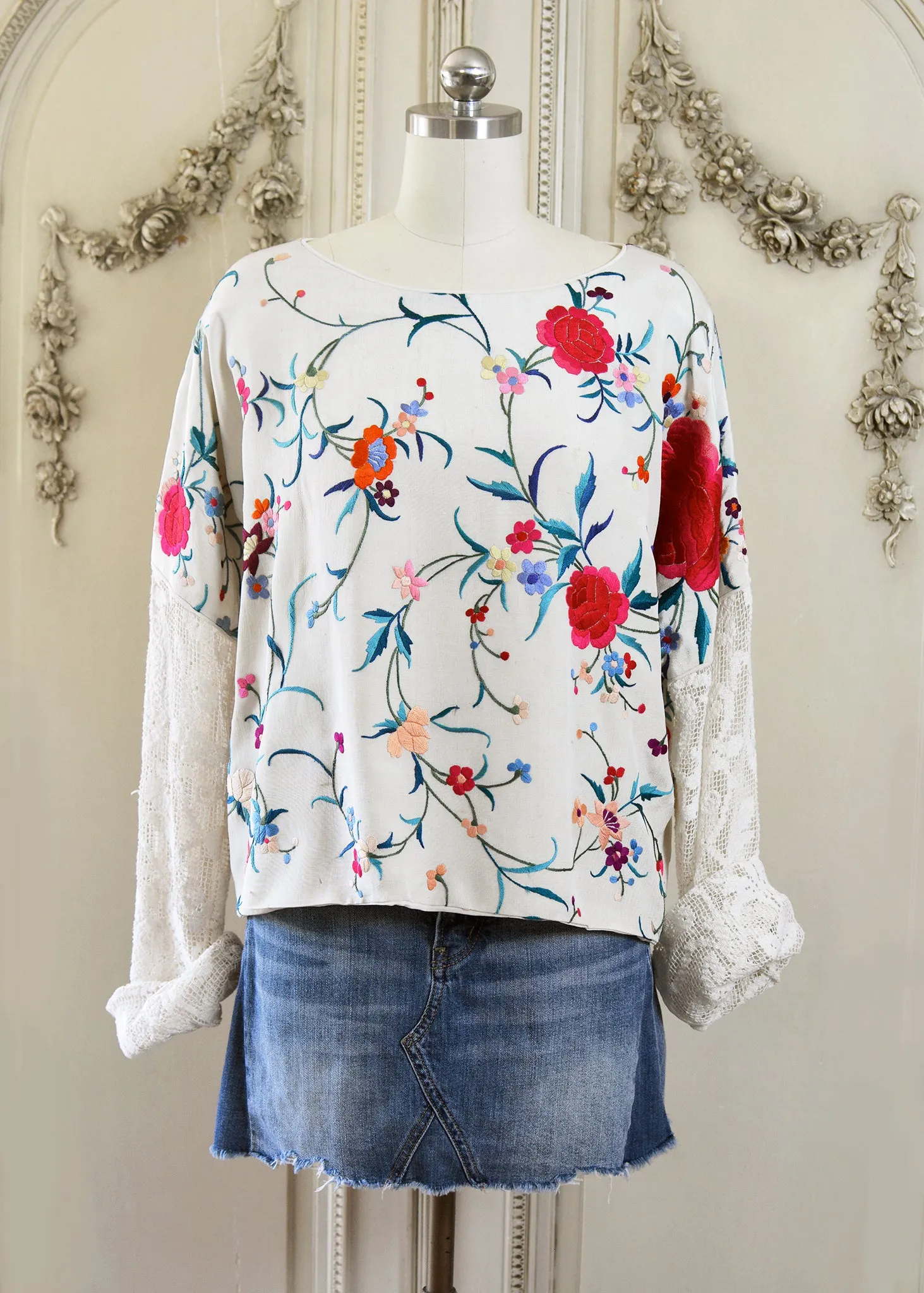 Cerise Antique Hand Embroidered Silk Crepe and Filet Lace Crop Top