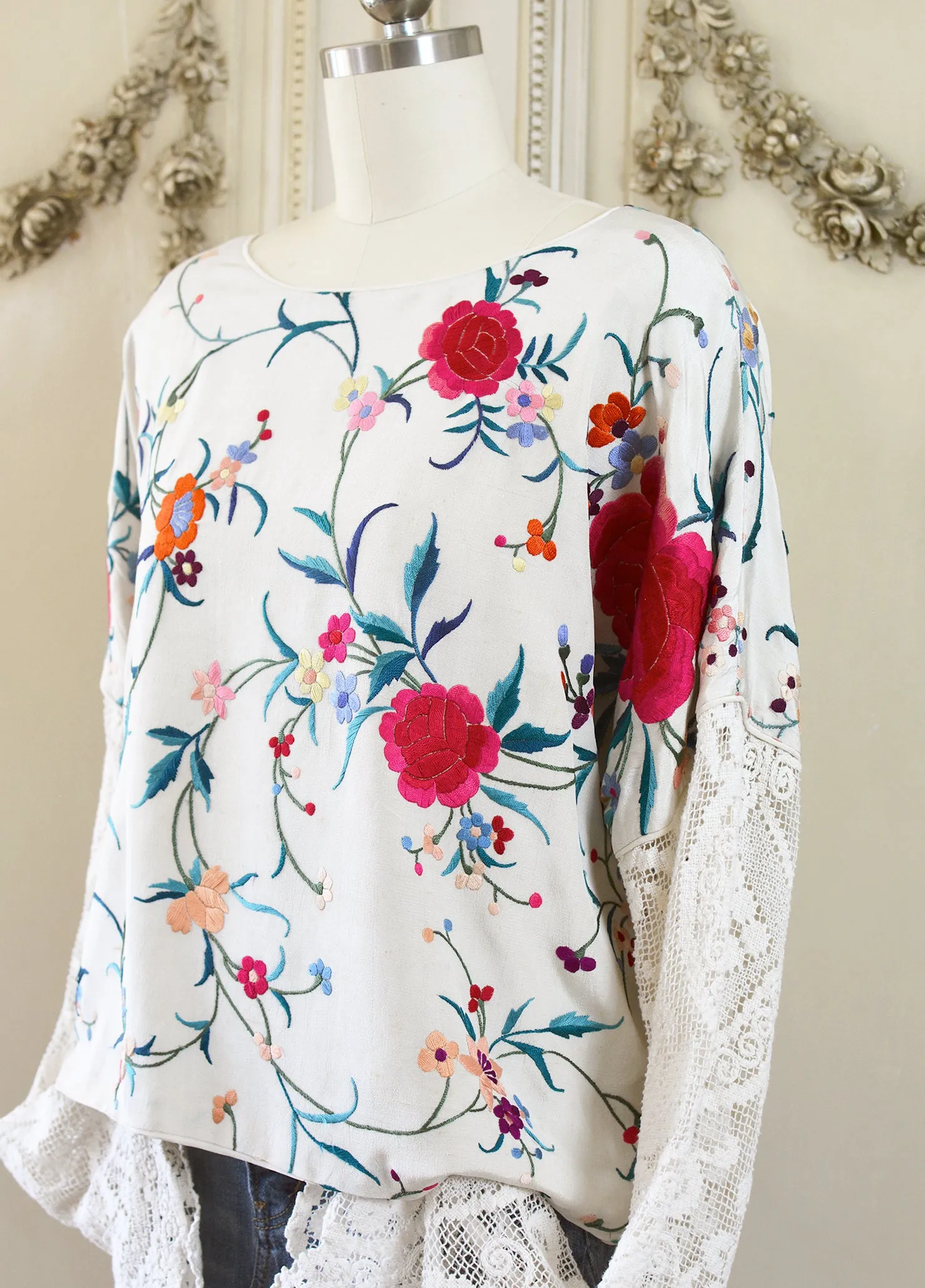 Cerise Antique Hand Embroidered Silk Crepe and Filet Lace Crop Top