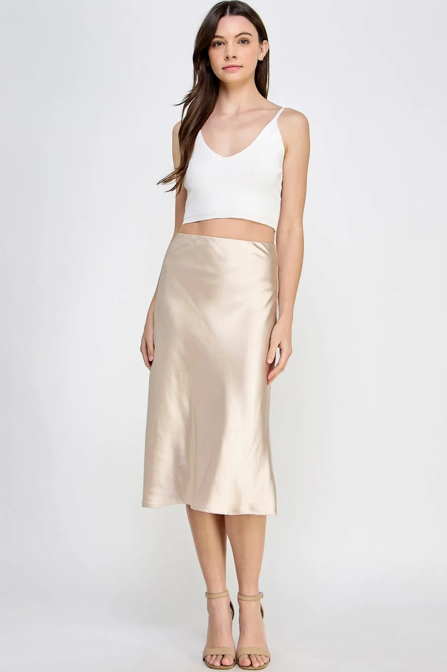 Champagne Satin Midi Skirt