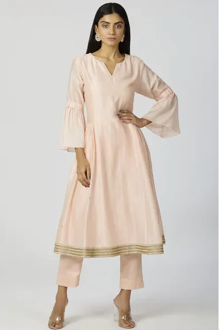 Chanderi Silk - Sequin Embroidered Anarkali Set in Peach