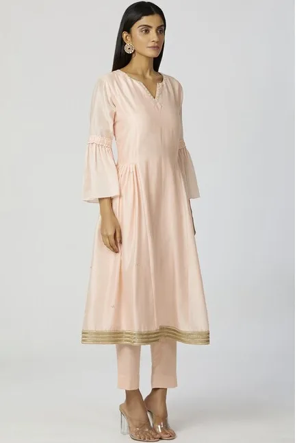 Chanderi Silk - Sequin Embroidered Anarkali Set in Peach