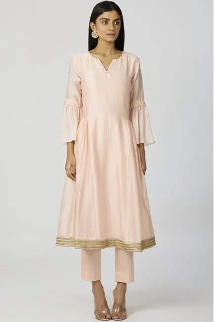 Chanderi Silk - Sequin Embroidered Anarkali Set in Peach