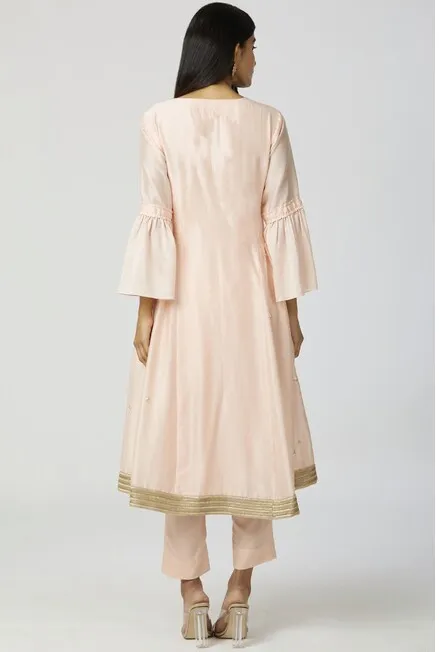 Chanderi Silk - Sequin Embroidered Anarkali Set in Peach
