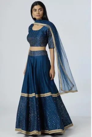 Chanderi Silk - Turquoise Blue Sequin Embroidered Lehenga Set