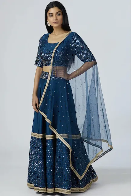 Chanderi Silk - Turquoise Blue Sequin Embroidered Lehenga Set
