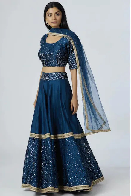 Chanderi Silk - Turquoise Blue Sequin Embroidered Lehenga Set