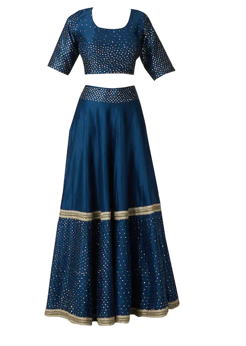 Chanderi Silk - Turquoise Blue Sequin Embroidered Lehenga Set