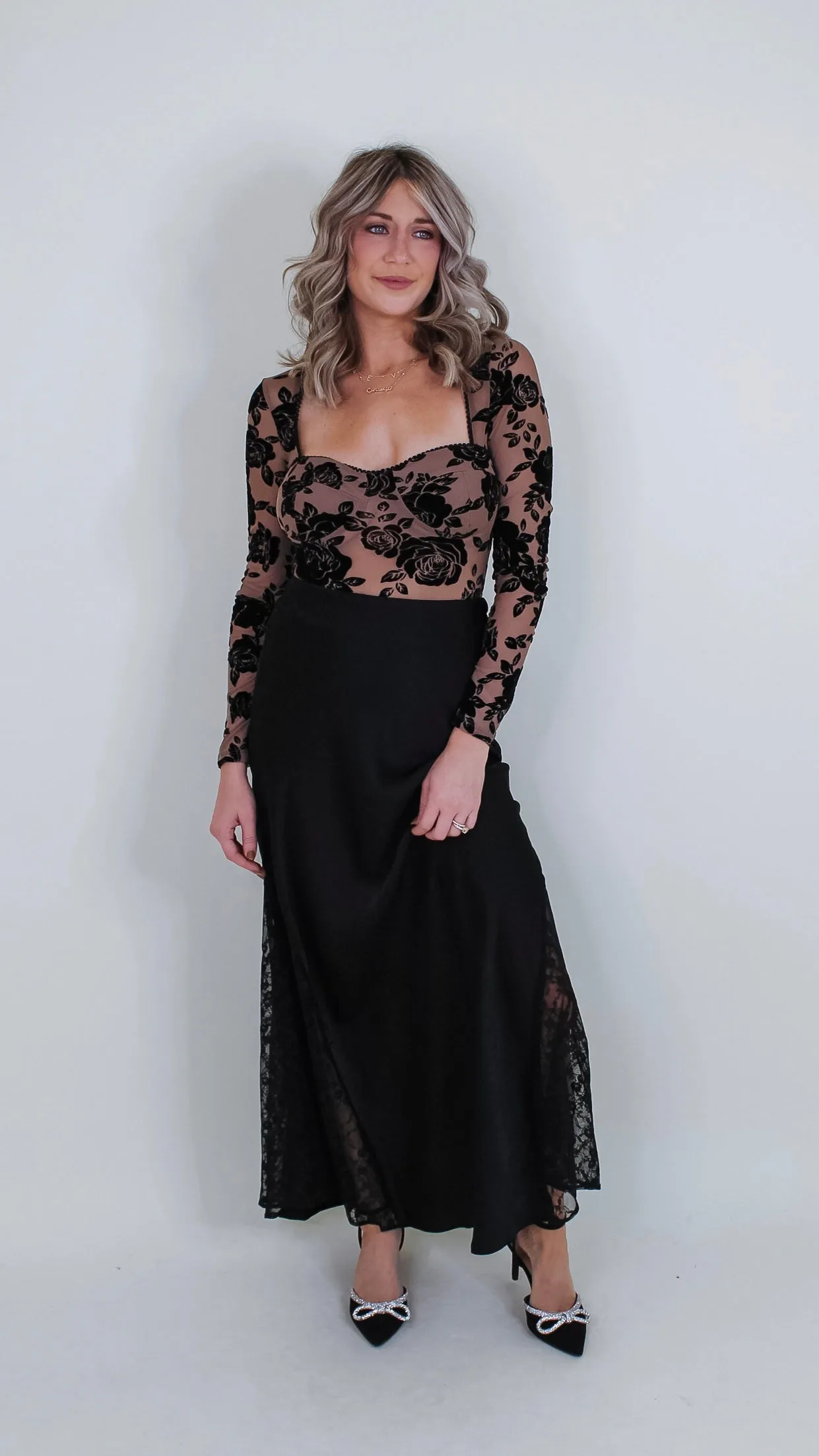 Charlene Black Stain Lace Midi Skirt