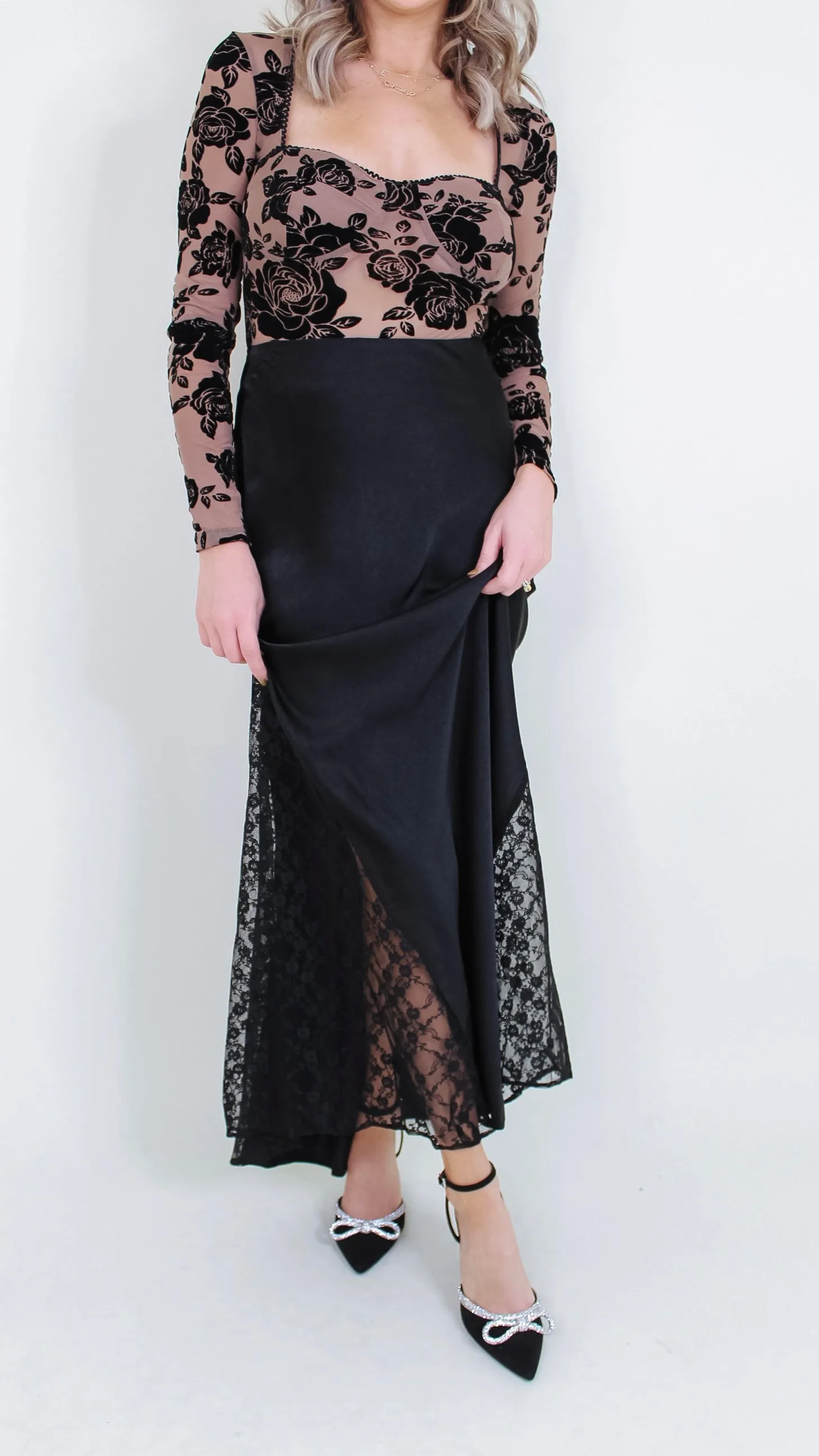 Charlene Black Stain Lace Midi Skirt