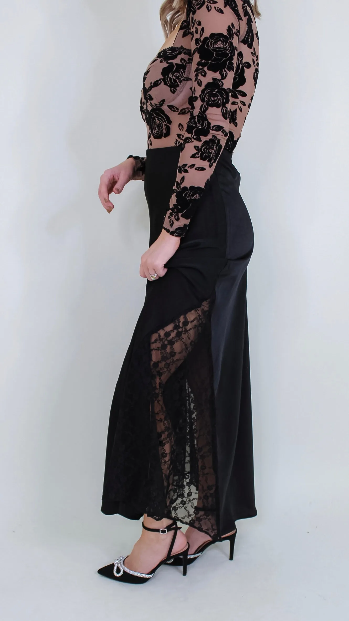 Charlene Black Stain Lace Midi Skirt