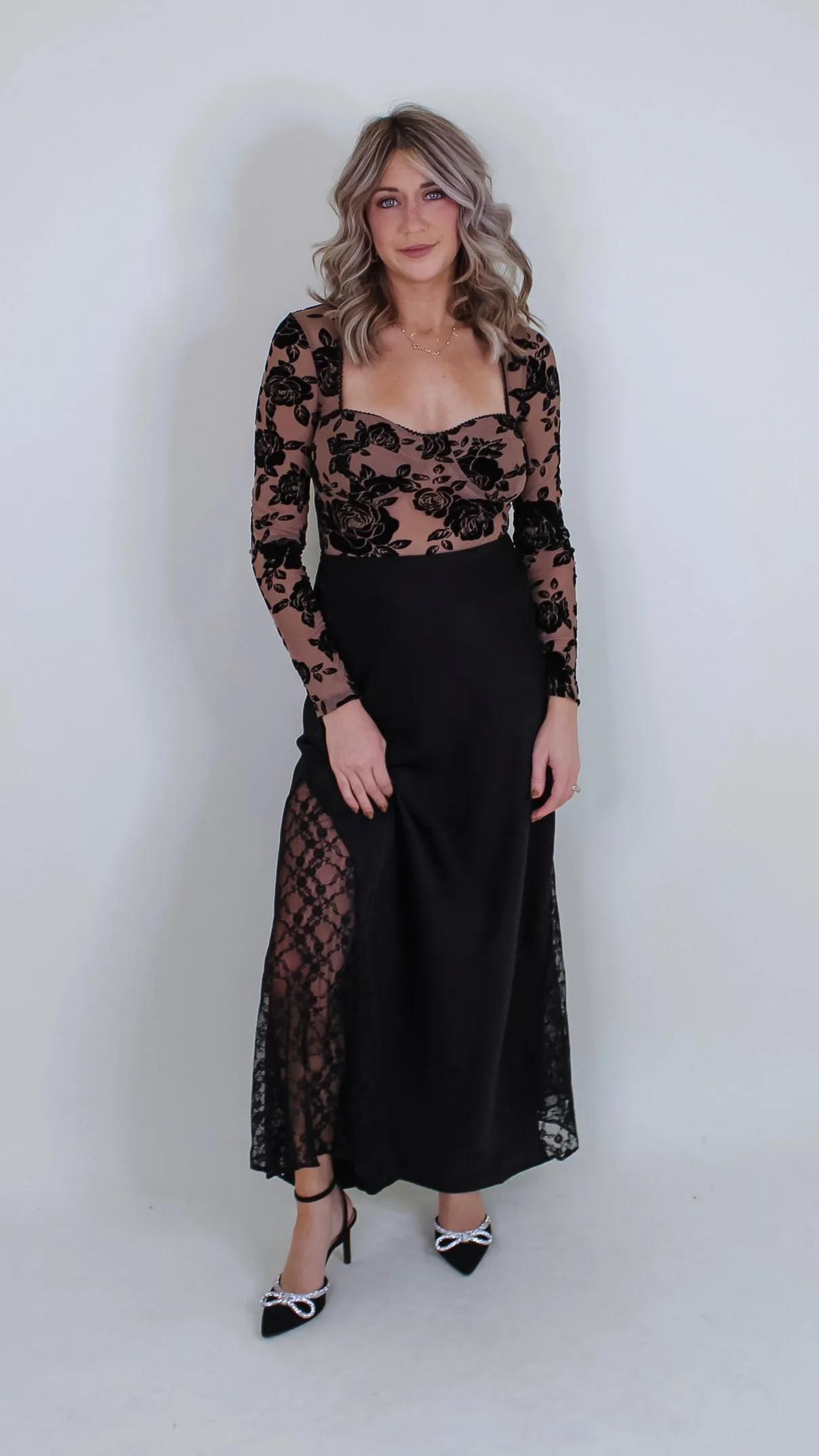 Charlene Black Stain Lace Midi Skirt