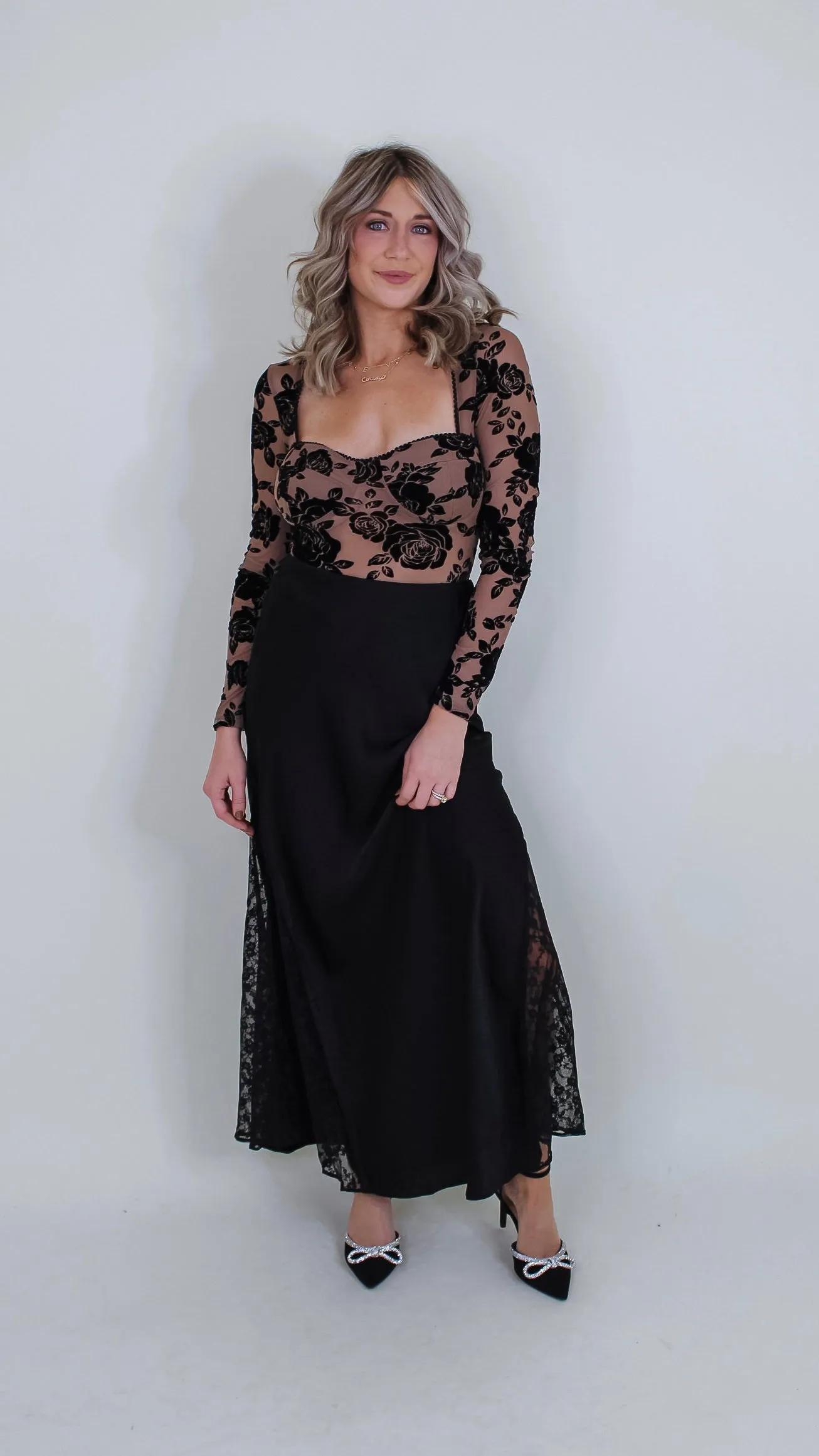 Charlene Black Stain Lace Midi Skirt