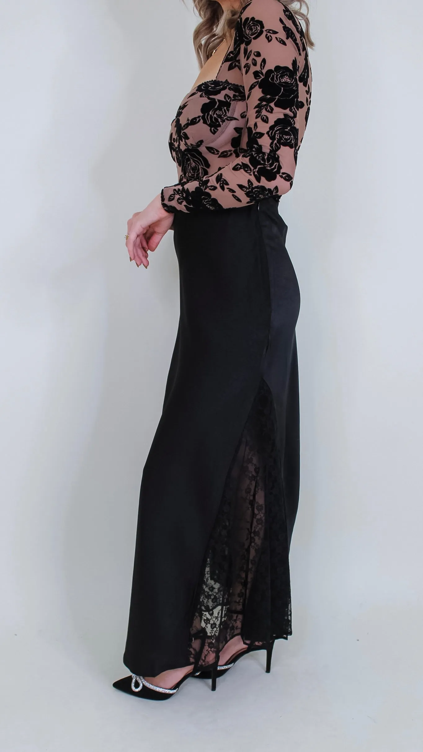 Charlene Black Stain Lace Midi Skirt
