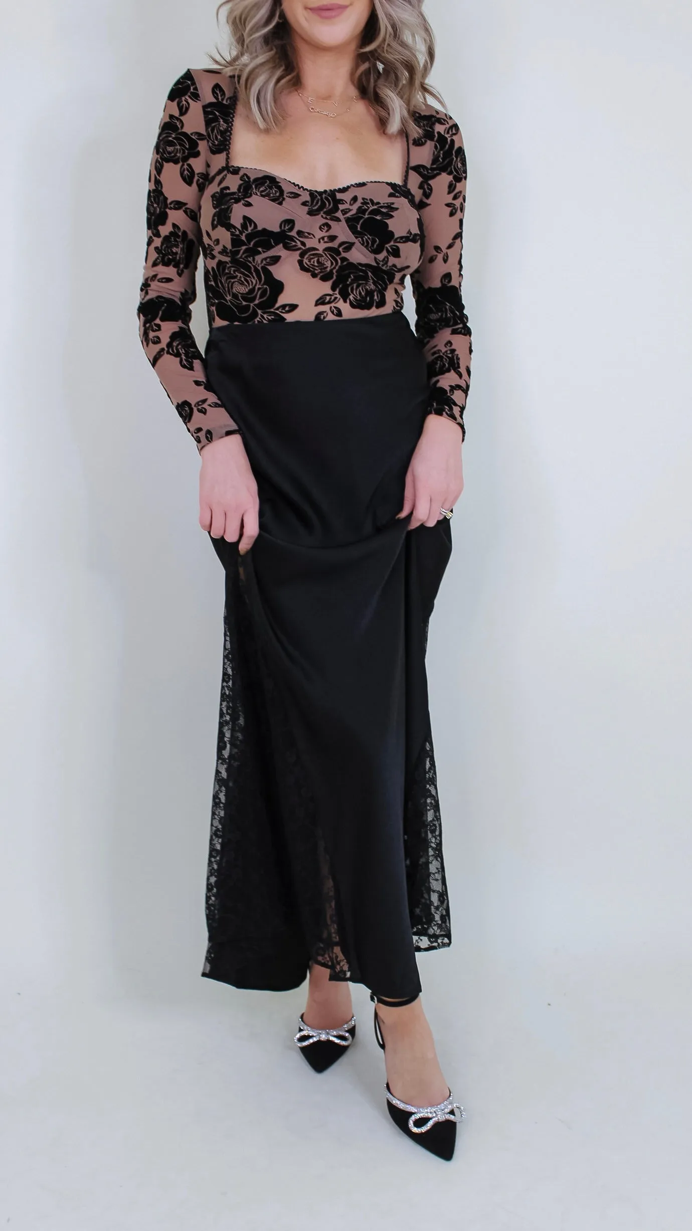 Charlene Black Stain Lace Midi Skirt