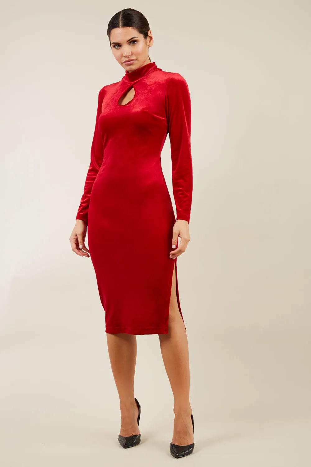 Clipper High Neck Keyhole Velvet Dress
