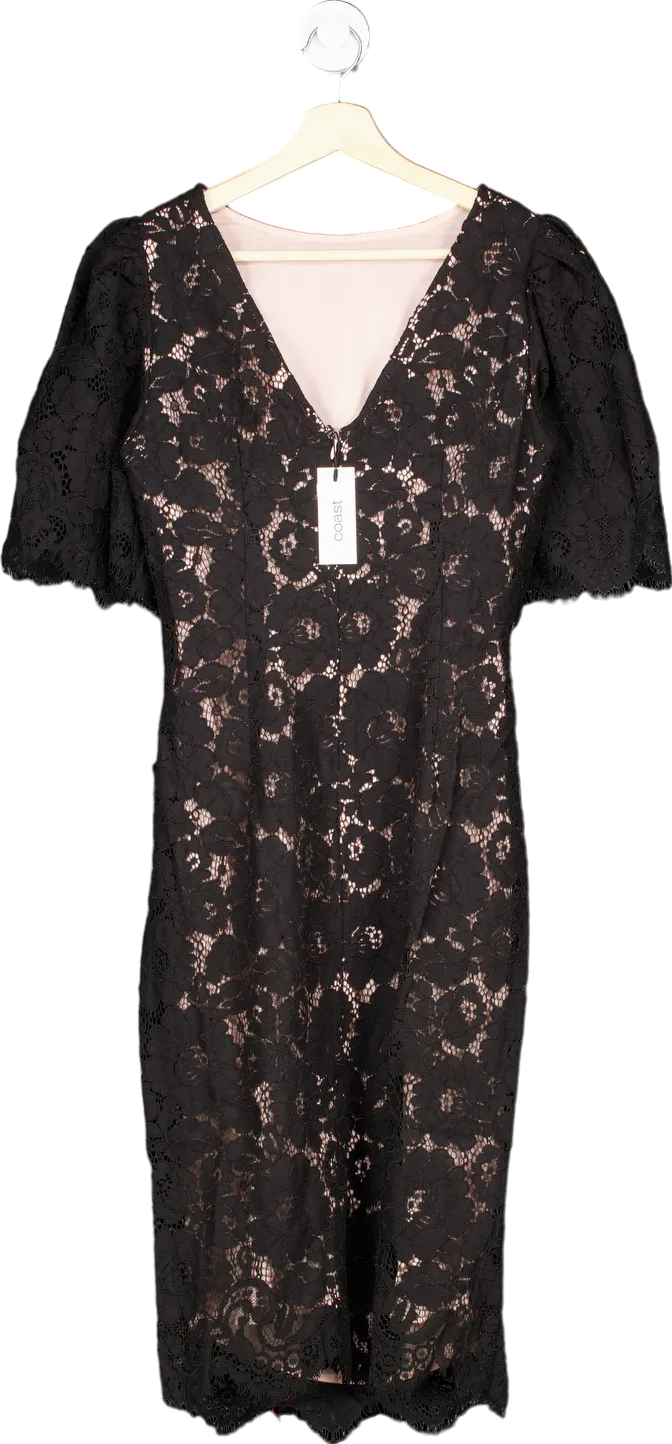 Coast Black Lace Flutter Sleeve Pencil Dress UK 8