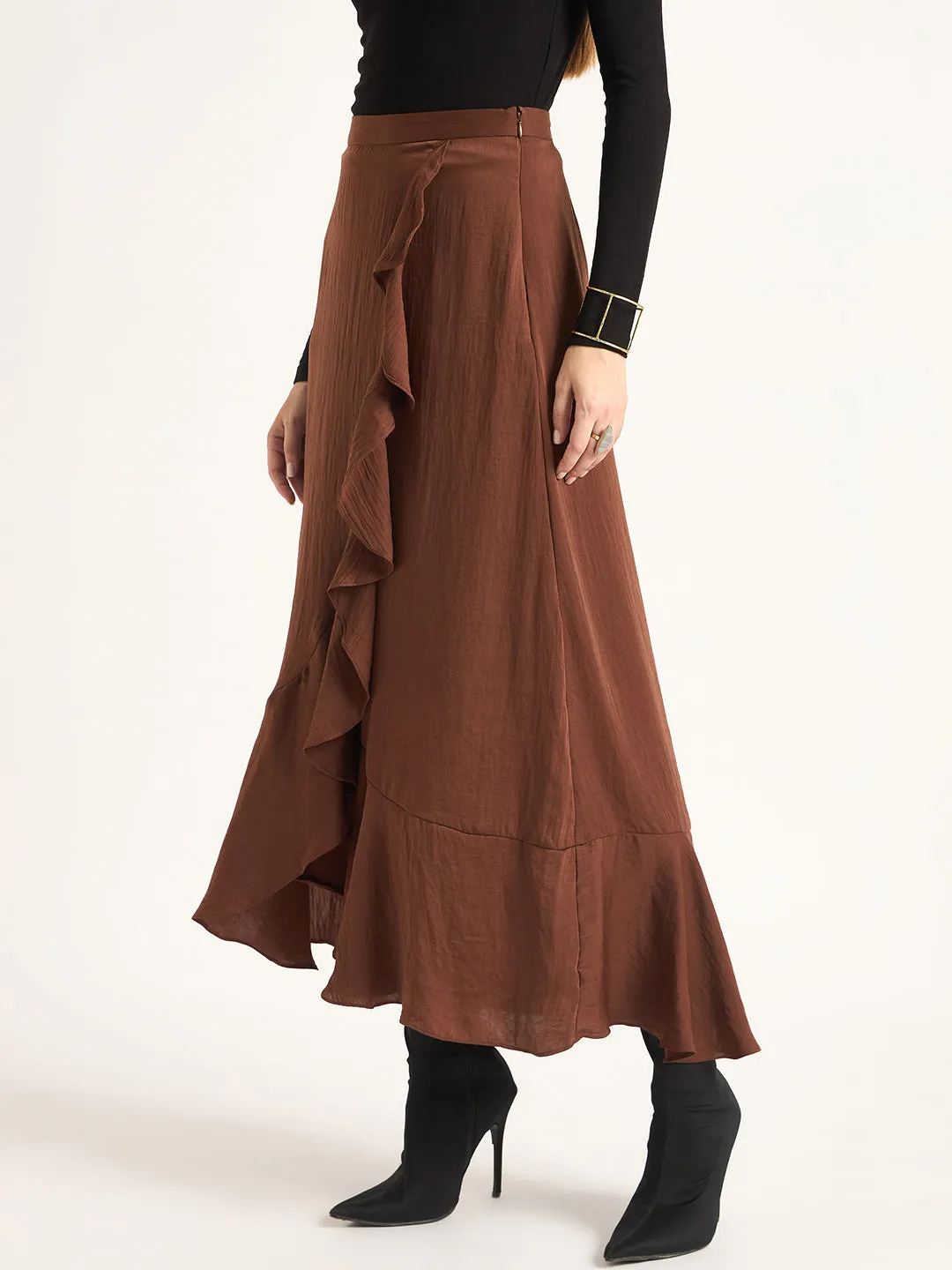 Coffee Brown Ruffle Satin Maxi Skirt