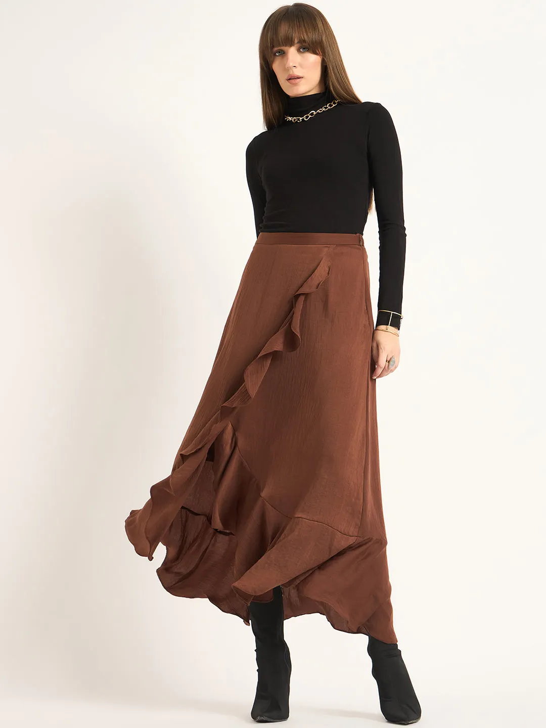 Coffee Brown Ruffle Satin Maxi Skirt