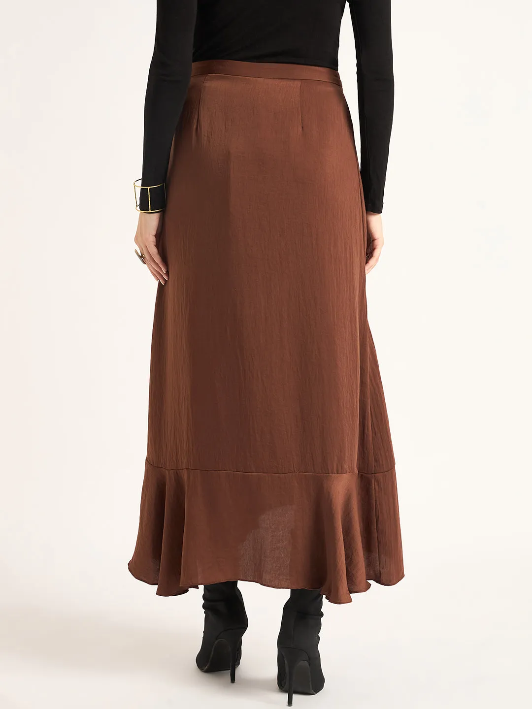 Coffee Brown Ruffle Satin Maxi Skirt