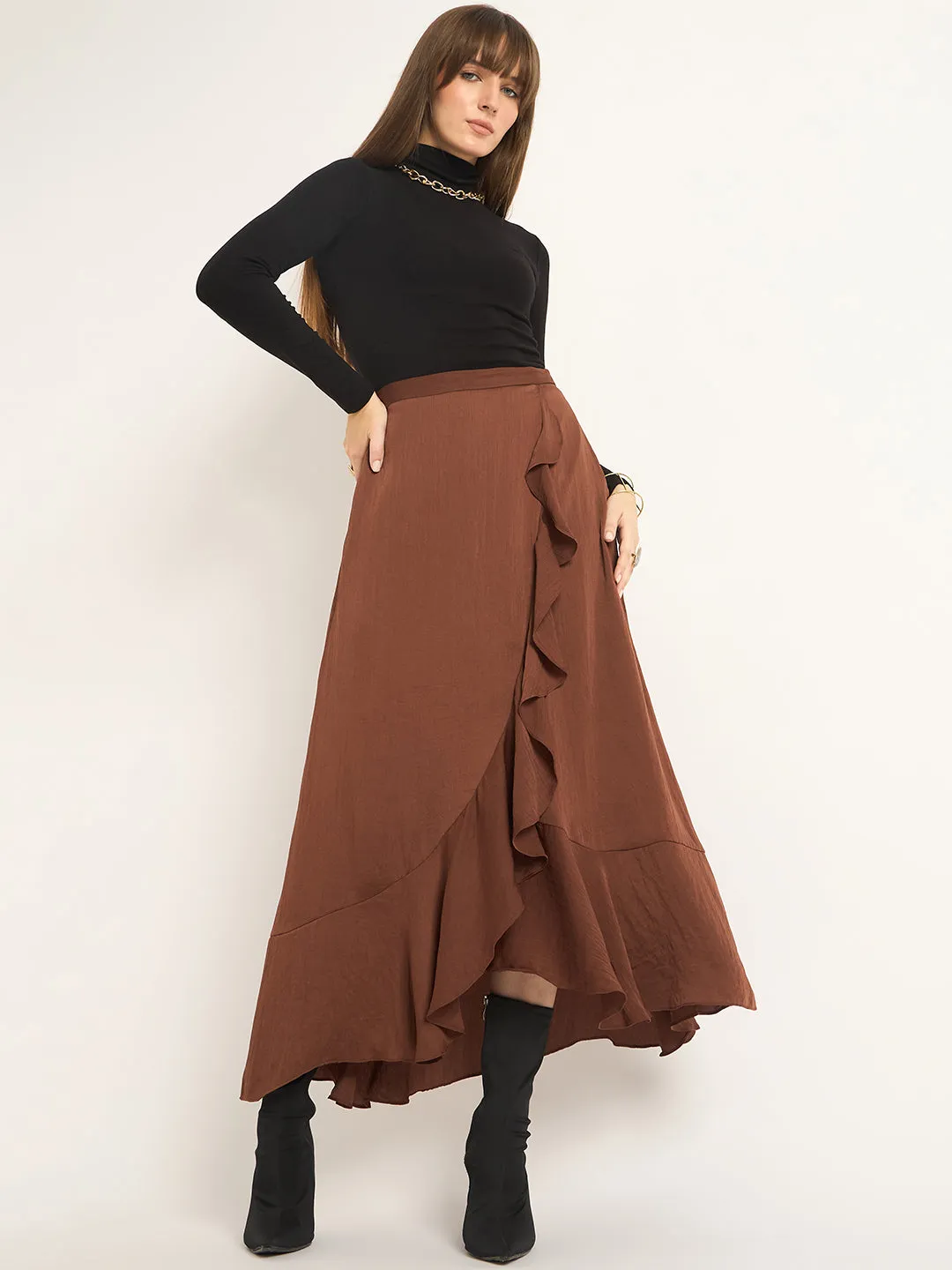 Coffee Brown Ruffle Satin Maxi Skirt