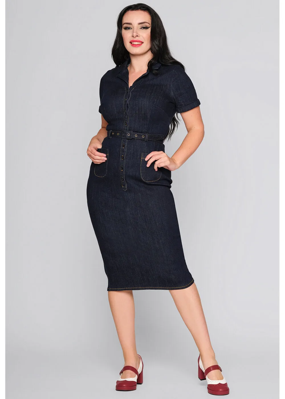 Collectif Caterina Denim 50's Pencil Dress Navy