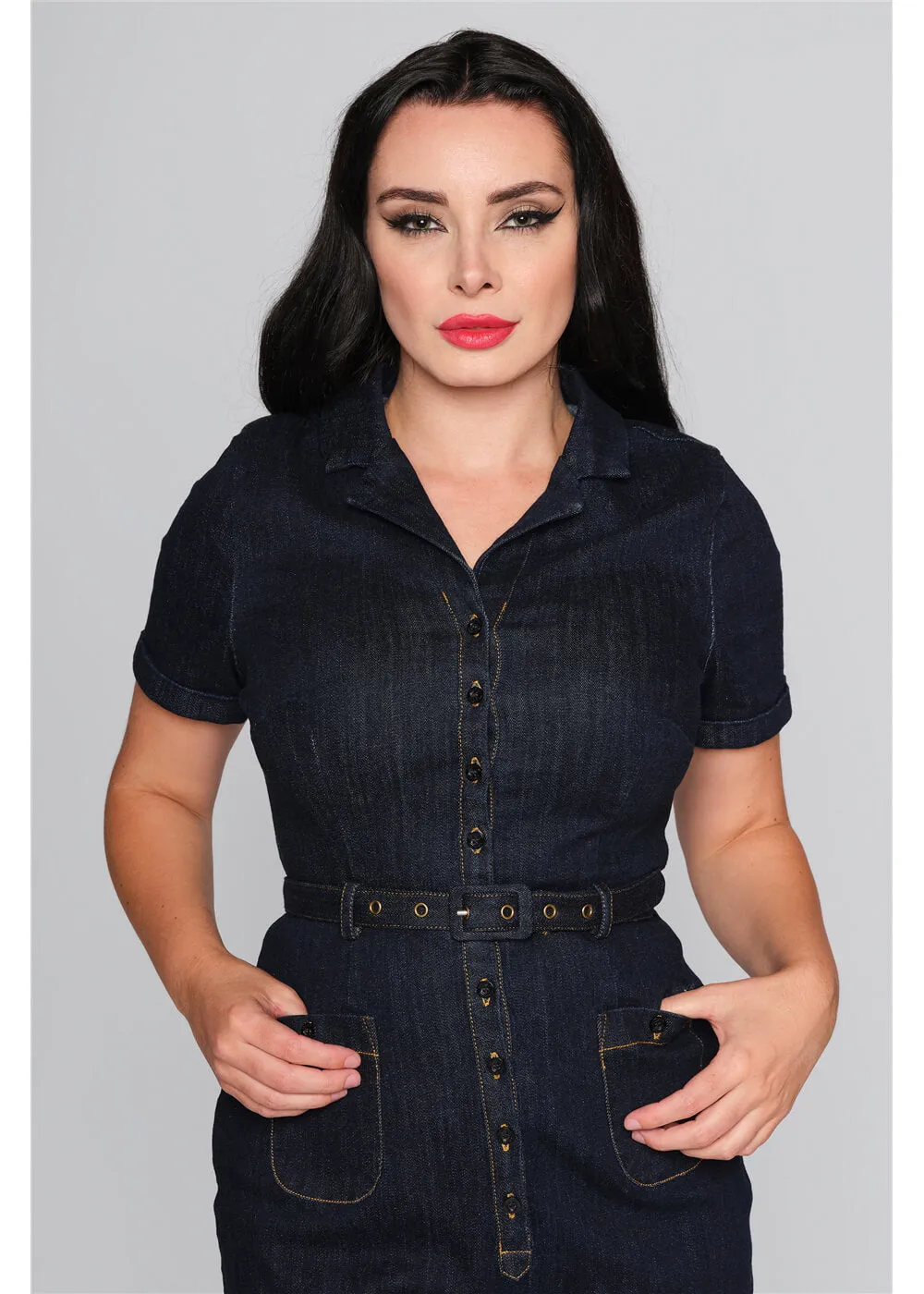 Collectif Caterina Denim 50's Pencil Dress Navy