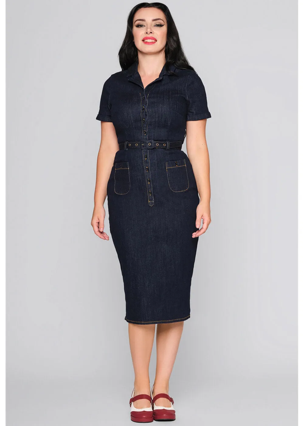 Collectif Caterina Denim 50's Pencil Dress Navy