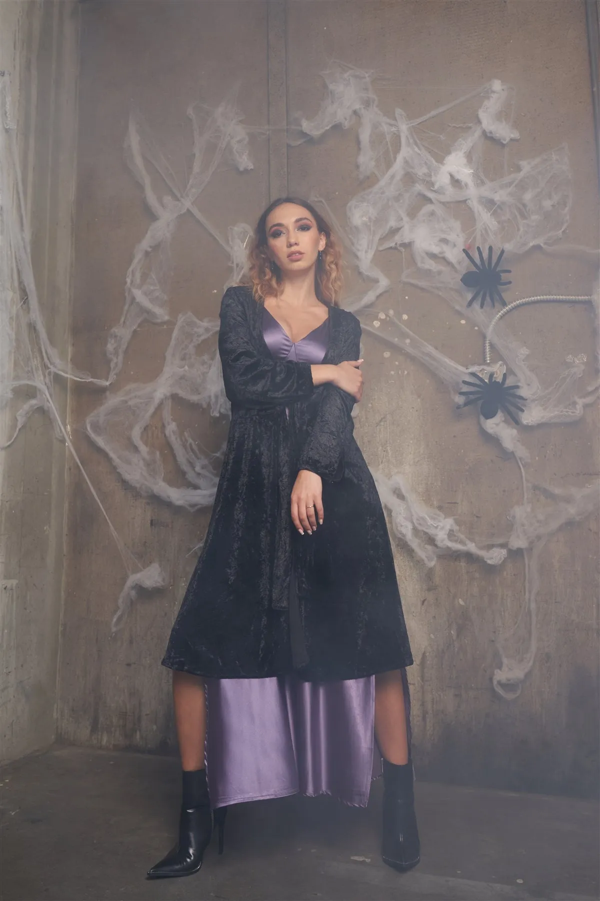 Crushed Velvet Open Front Tie Jacket