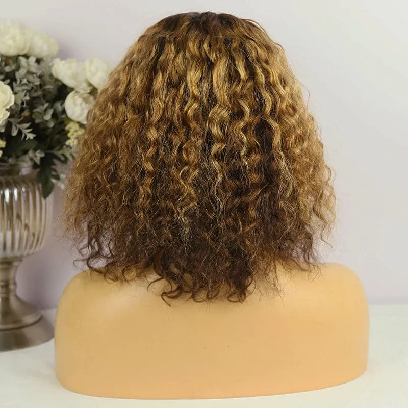 Curly Bob Wig with Bang Scalp Top No Lace Full Machine Made Human Hair Wig
