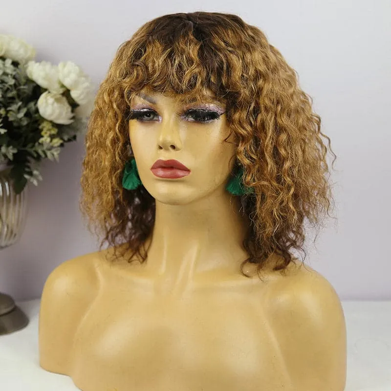 Curly Bob Wig with Bang Scalp Top No Lace Full Machine Made Human Hair Wig
