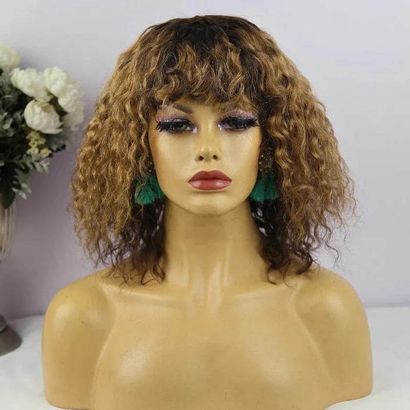 Curly Bob Wig with Bang Scalp Top No Lace Full Machine Made Human Hair Wig