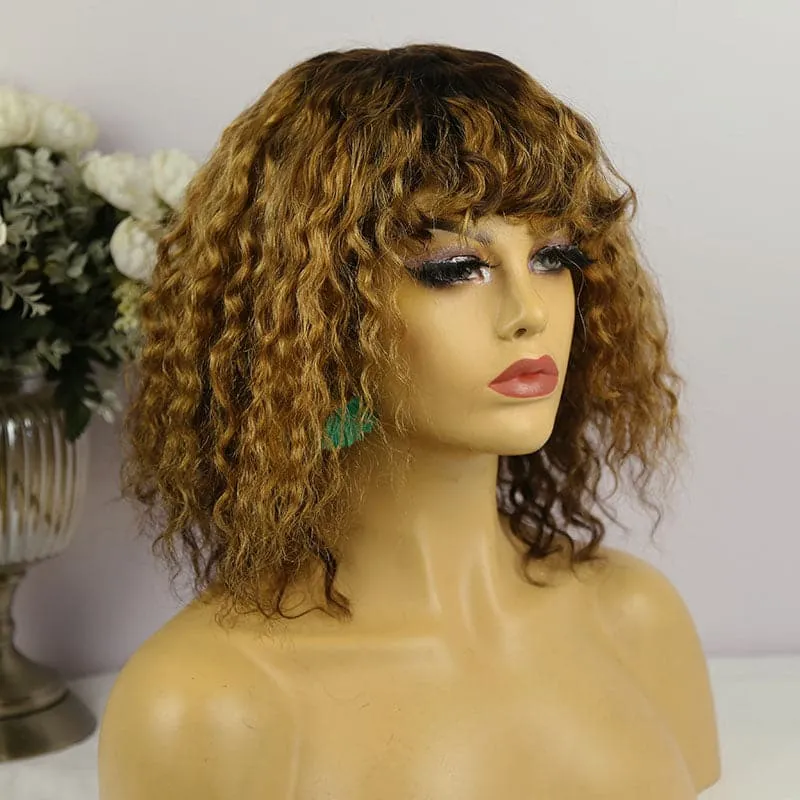 Curly Bob Wig with Bang Scalp Top No Lace Full Machine Made Human Hair Wig