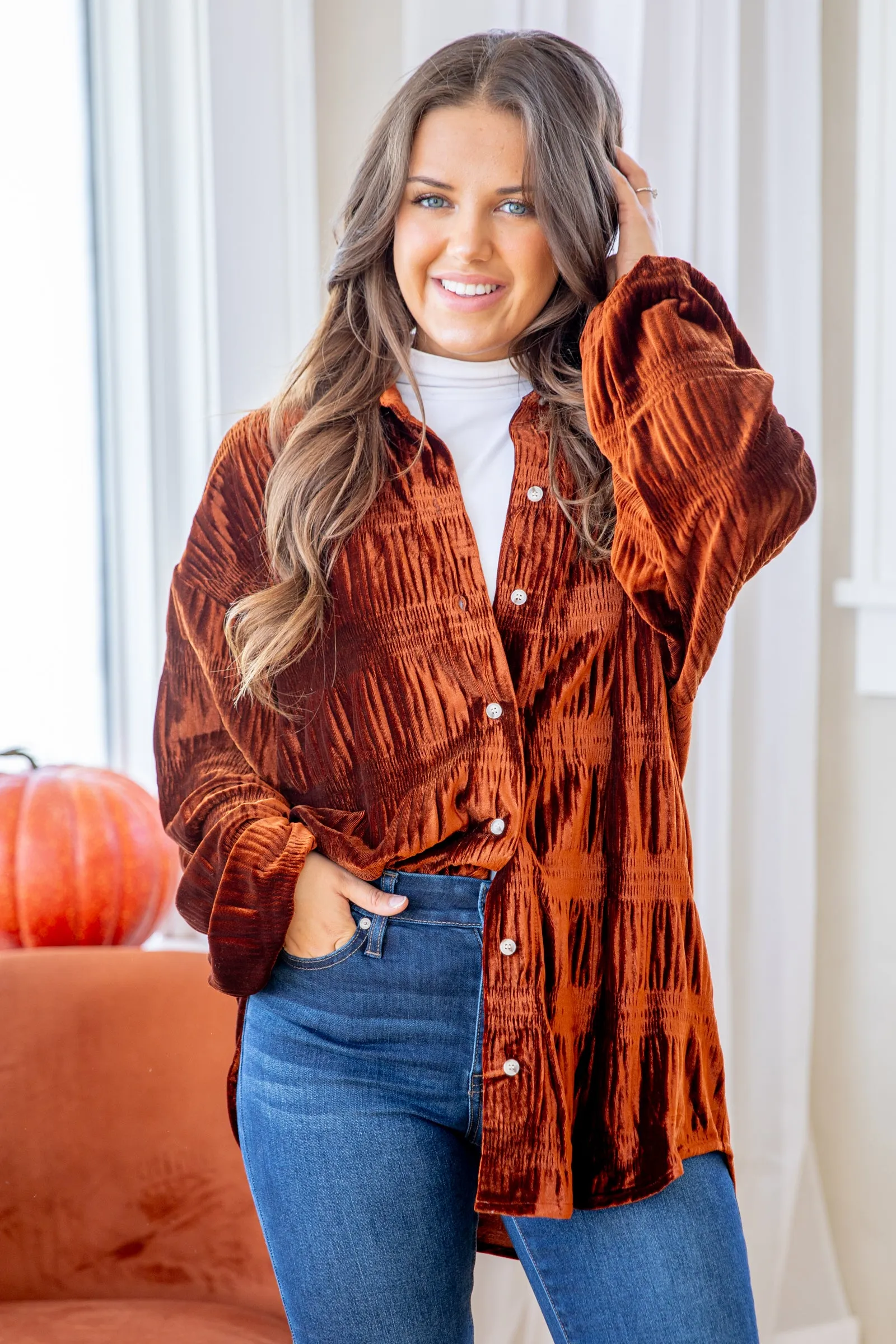 Dark Cognac Velvet Button Up Top