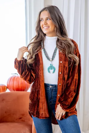 Dark Cognac Velvet Button Up Top