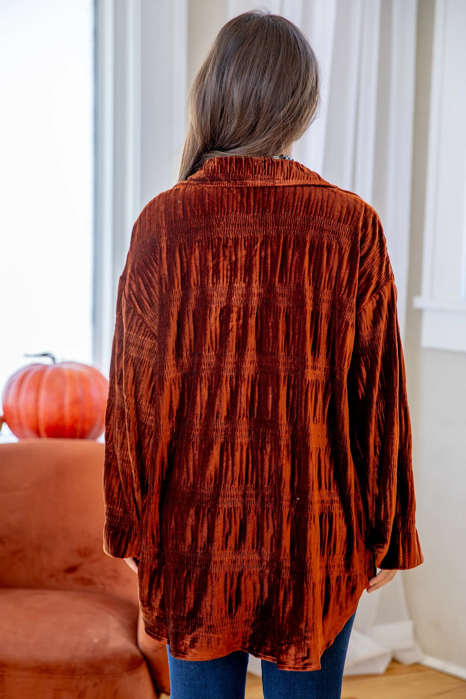 Dark Cognac Velvet Button Up Top