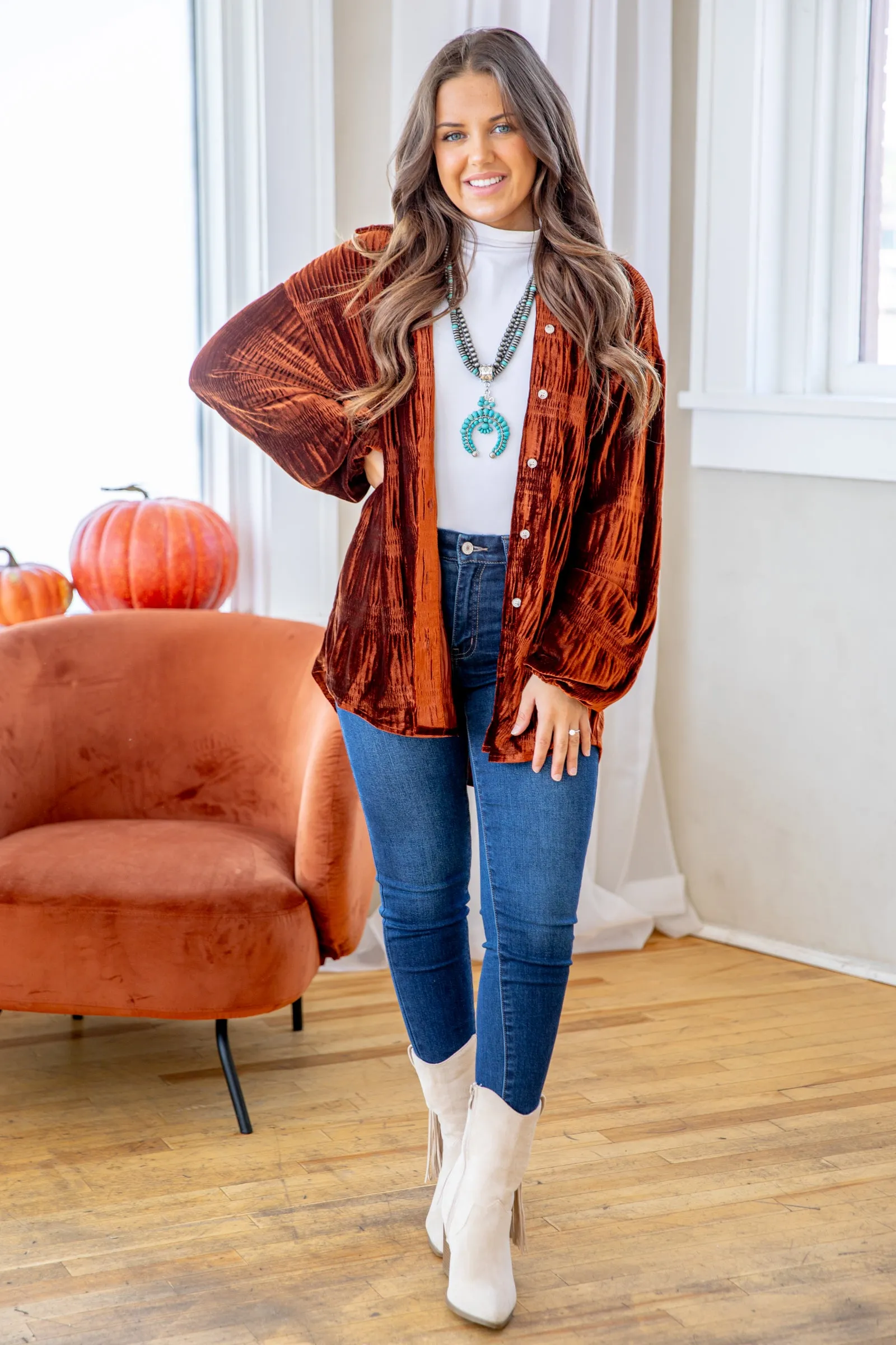 Dark Cognac Velvet Button Up Top
