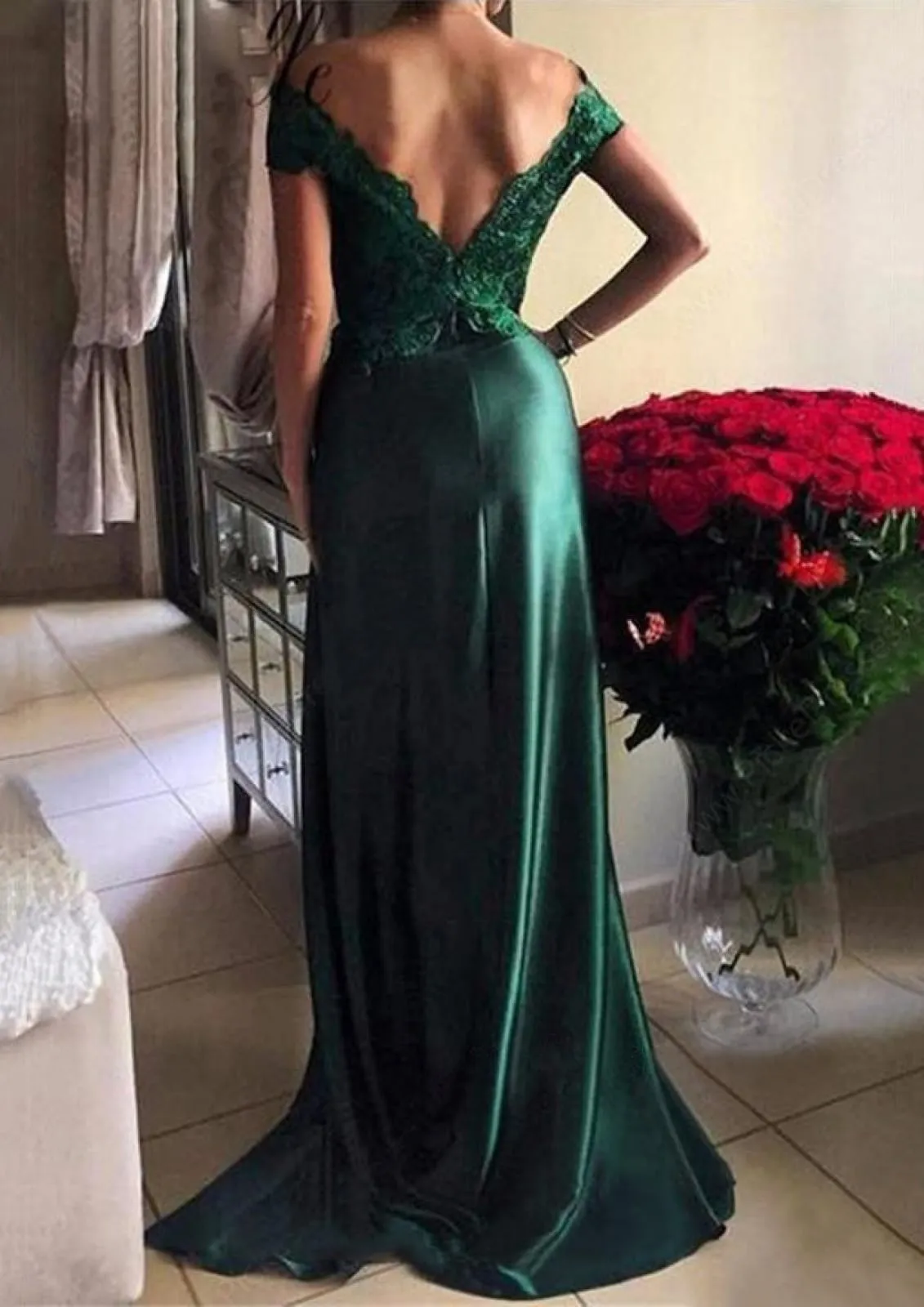 Dark Green Column Off Shoulder Split Lace Satin Prom Party Dress