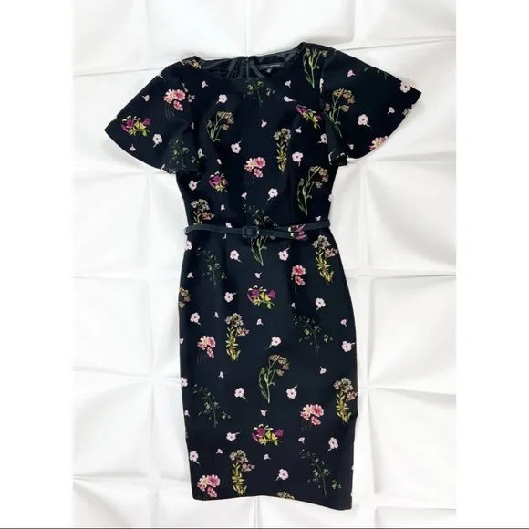 David Meister Sz 2 Black Floral Belted Sheath Pencil Dress Wedding Work Career