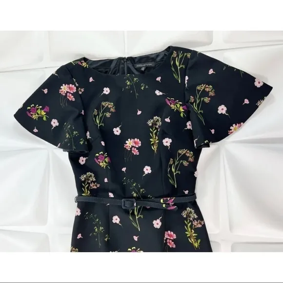 David Meister Sz 2 Black Floral Belted Sheath Pencil Dress Wedding Work Career
