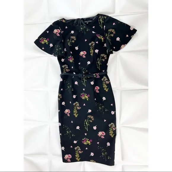 David Meister Sz 2 Black Floral Belted Sheath Pencil Dress Wedding Work Career