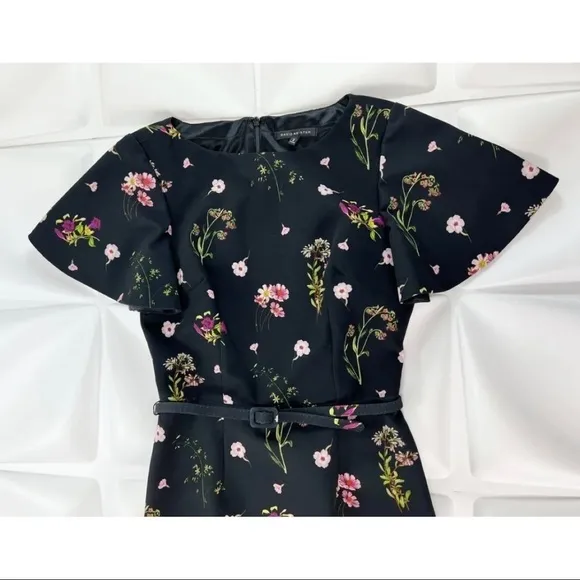 David Meister Sz 2 Black Floral Belted Sheath Pencil Dress Wedding Work Career