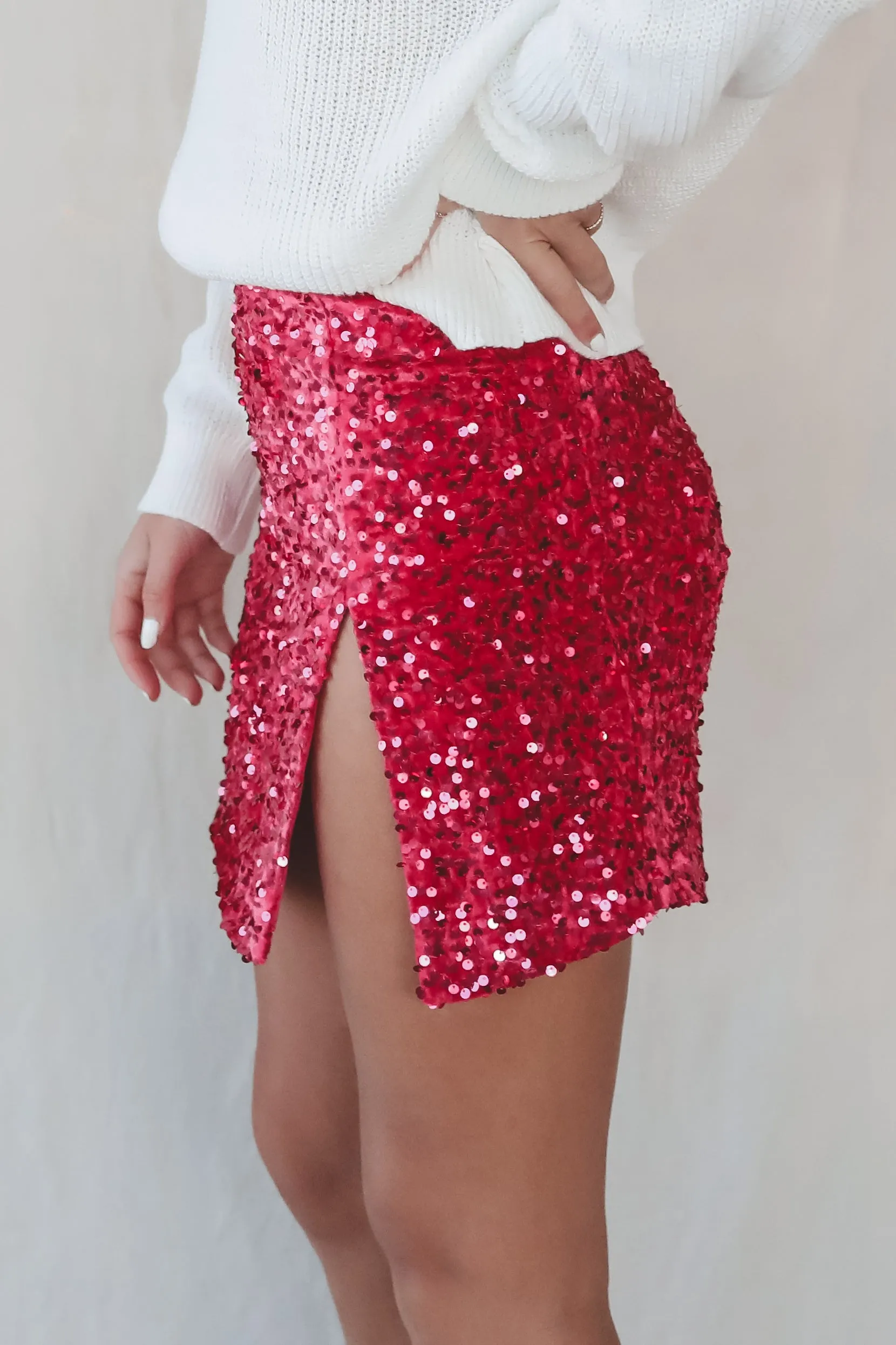 DEAL A Moment For The Sequin High Slit Fuchsia Mini Skirt