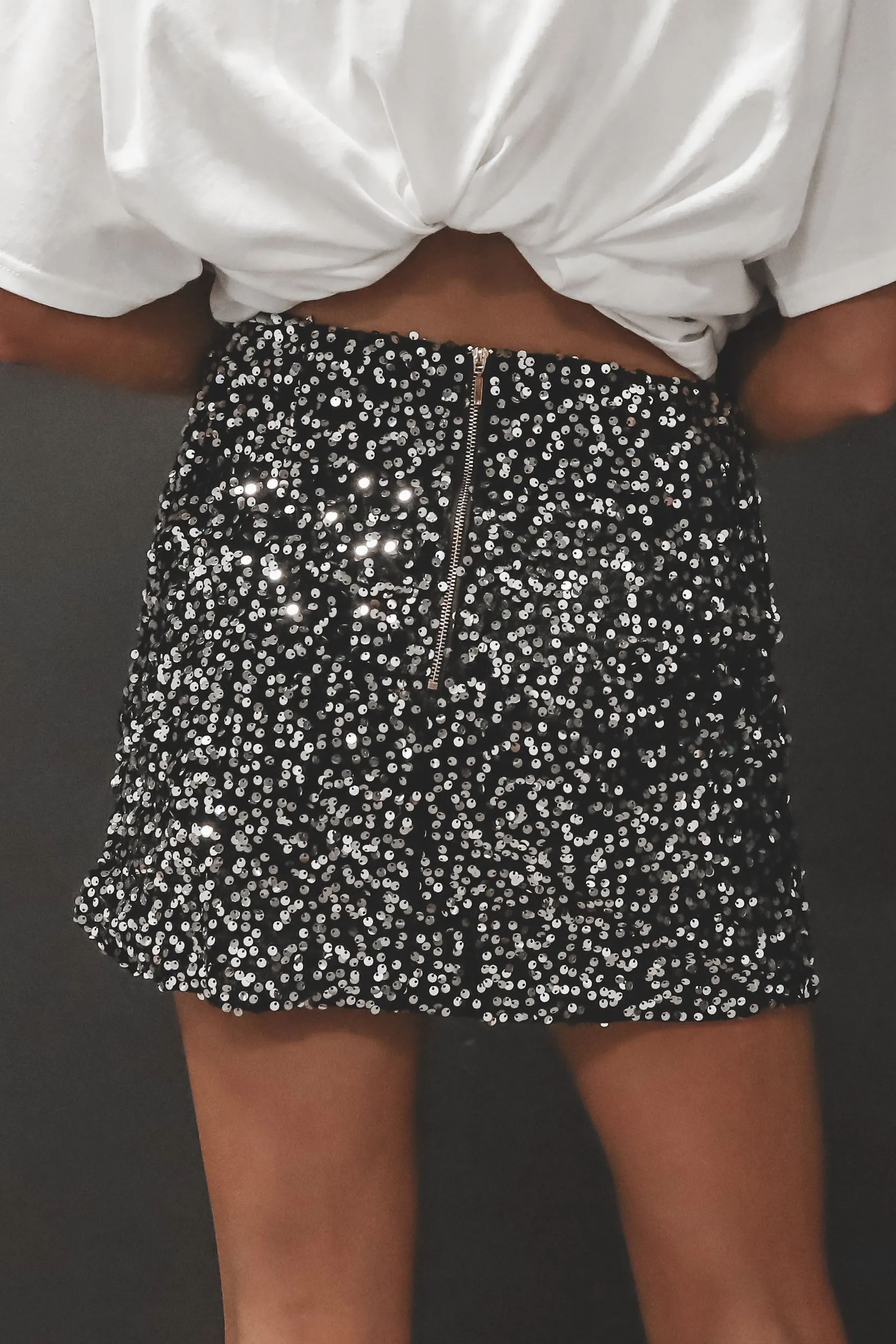 DEAL A Moment For The Sequin High Slit Silver Black Mini Skirt