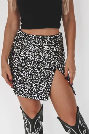 DEAL A Moment For The Sequin High Slit Silver Black Mini Skirt