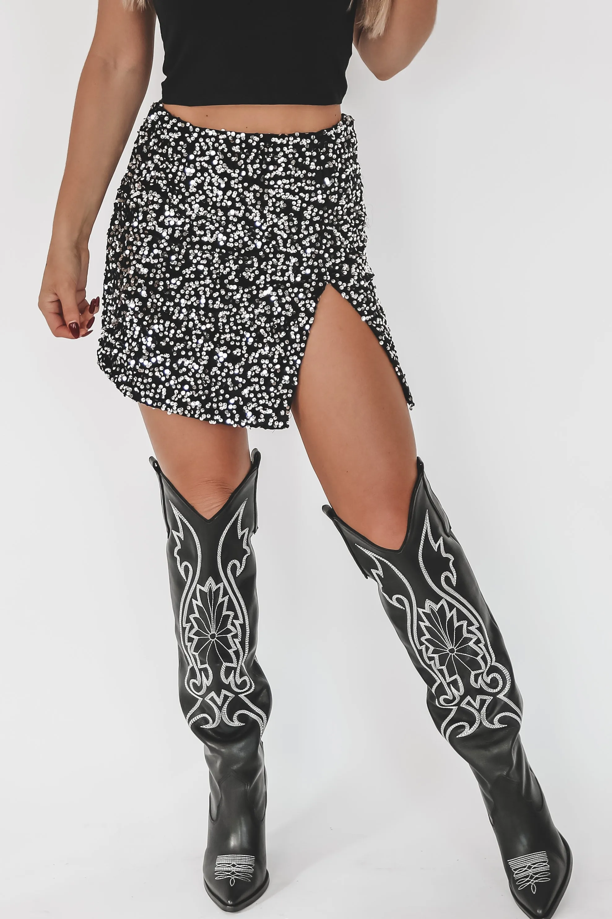 DEAL A Moment For The Sequin High Slit Silver Black Mini Skirt